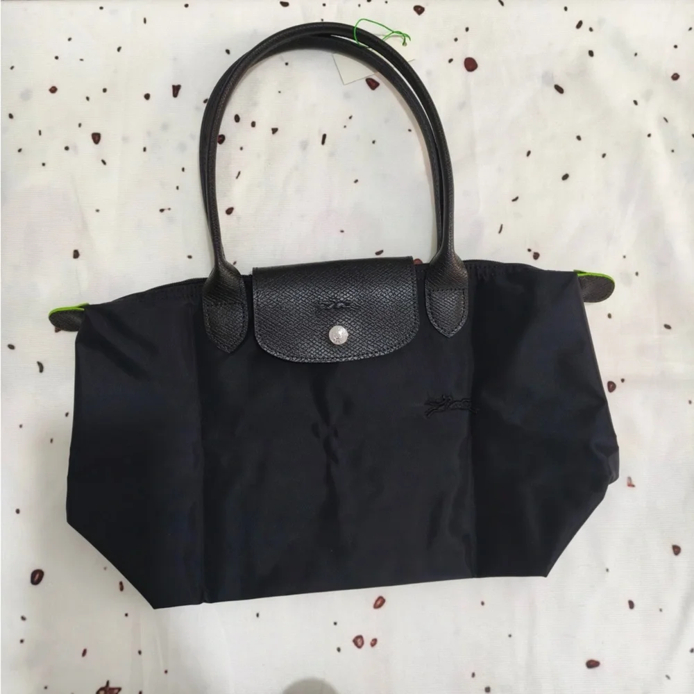 Longchamp Black Tote with Neon Green Trim